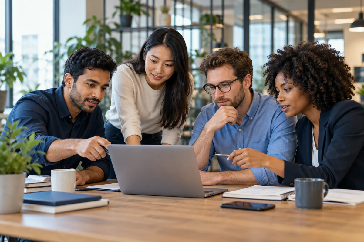 Technology professionals collaborating on a focused project in a modern office.