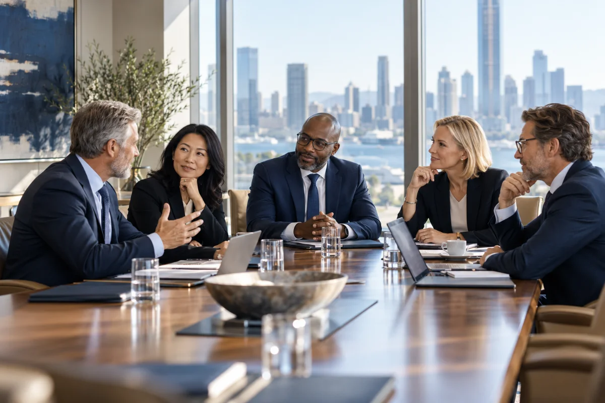Senior executives discussing business strategy in a naturally lit boardroom.