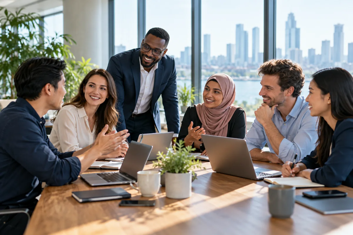 A diverse international team sharing ideas around a table in a modern office.