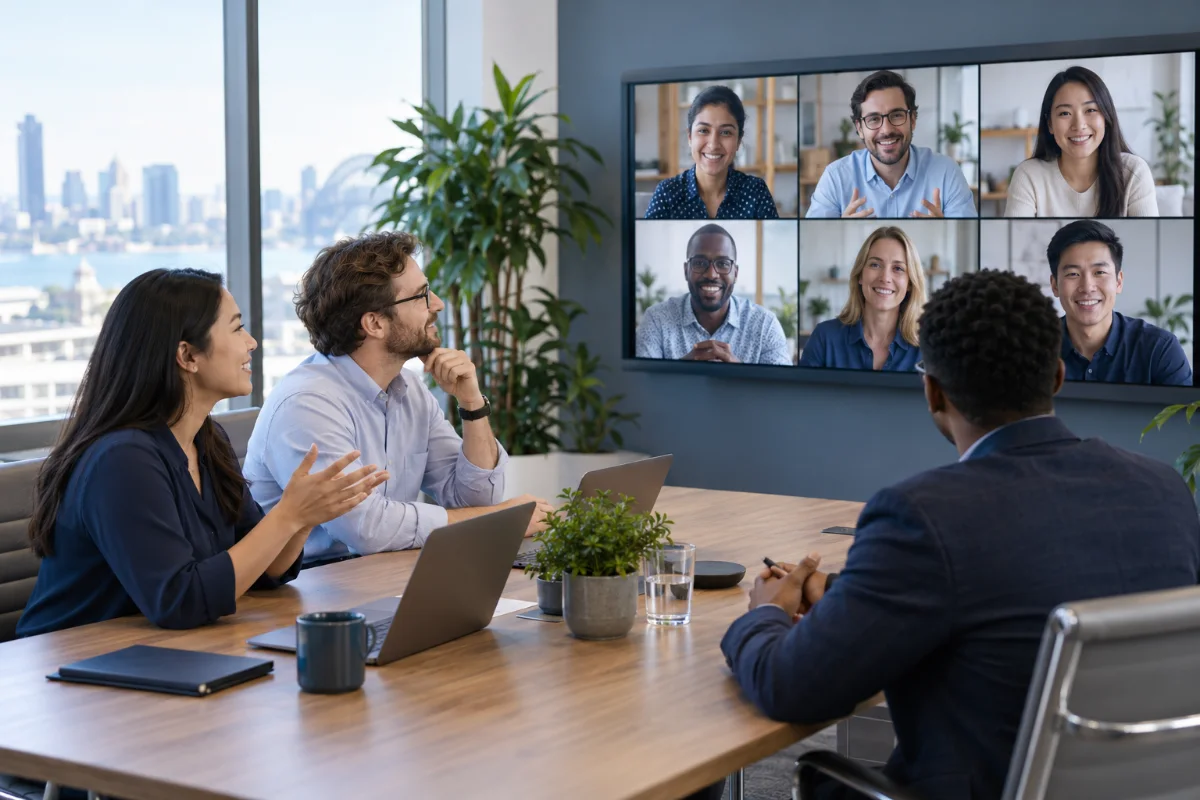 An international team collaborating with remote colleagues over a video meeting.