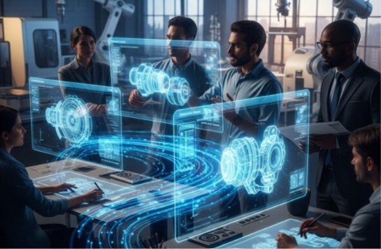 Engineers collaborating with augmented reality technology