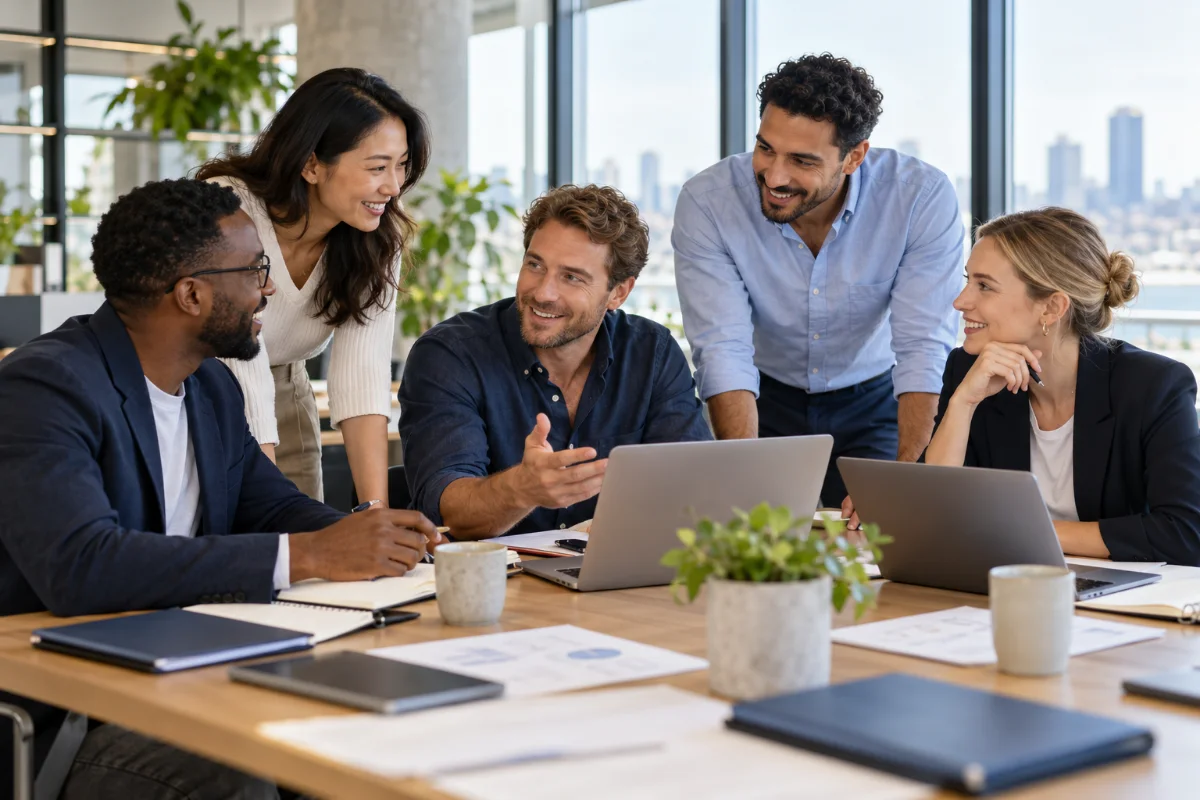 A diverse professional team collaborating on long-term business plans in a bright office.